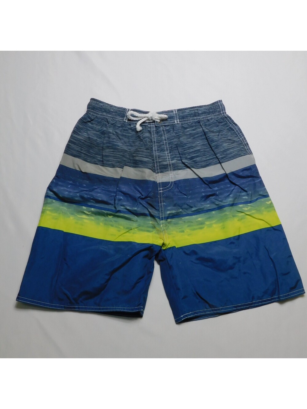 Quad Seven Boys Swim Trunks Size 12 14 Blue Lime Green Striped Bathing Suit Mes